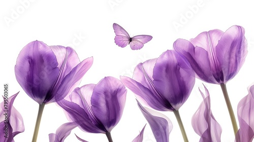 Elegance in Simplicity: Purple Tulips and Butterfly on White Background