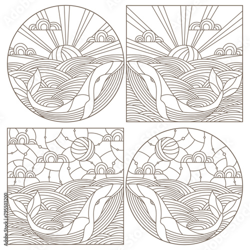 Set contour illustrations with whales on the waves and the sky , the dark outline on a white background