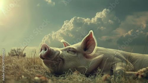 A contented pig lies blissfully in a sun-drenched field, evoking feelings of peace and relaxation amidst nature.