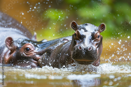 A baby hippo playfully splashes in a shallow pool.