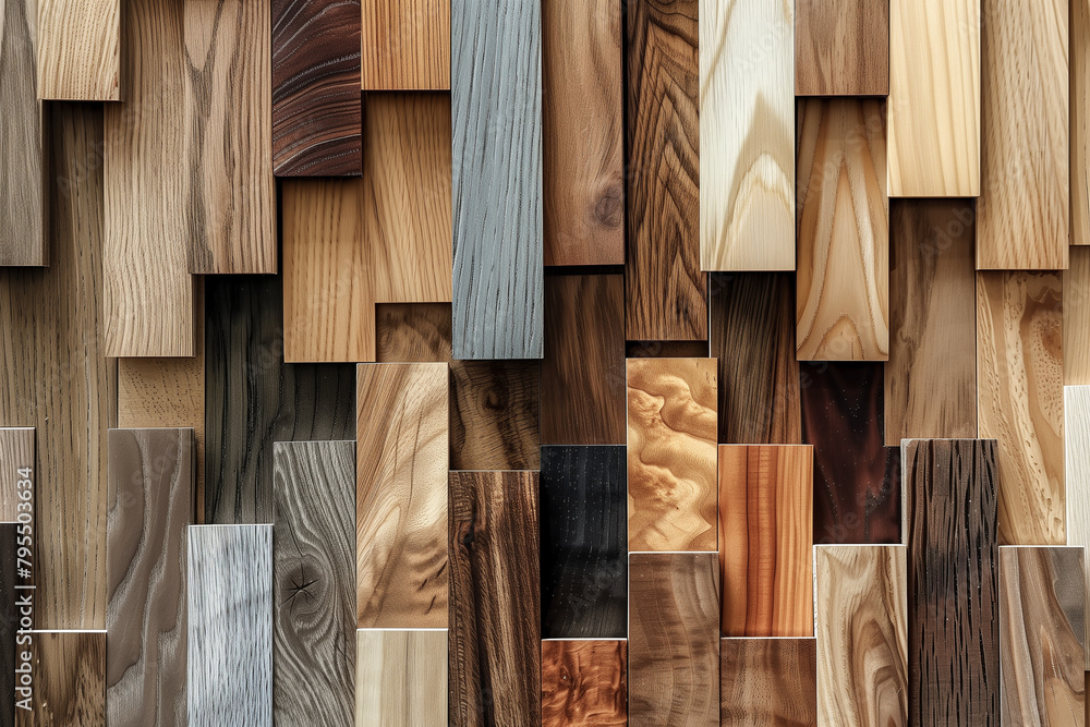 Wood collage samples overlay dimensional arranged on an elegant minimalist background. Wood collage samples overlay dimensional arranged on an elegant minimalist background.