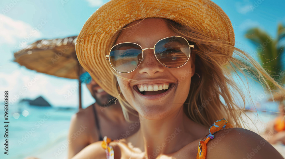 Smiling young woman in a sun hat and sunglasses, blue sky, and beach umbrella in the background Smiling young woman in a sun hat and sunglasses, blue sky, and beach umbrella in the background