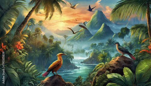 Tropical wallpaper background with plants and birds © gary