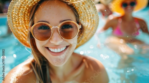 This image captures a playful moment as a woman splashes in a pool, symbolizing joy and youthfulness photo