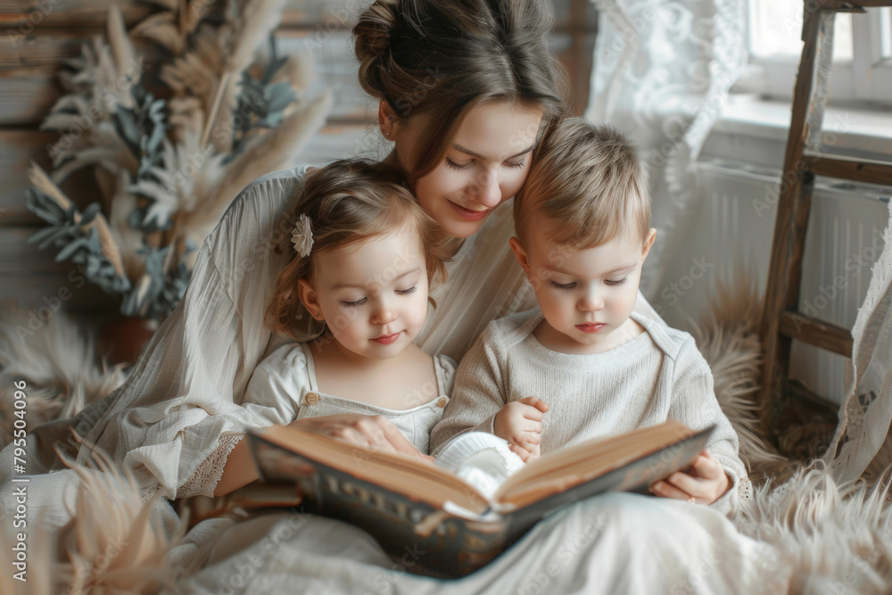 Smiling mother and children reading a bedtime story. Generative AI Smiling mother and children reading a bedtime story. Generative AI