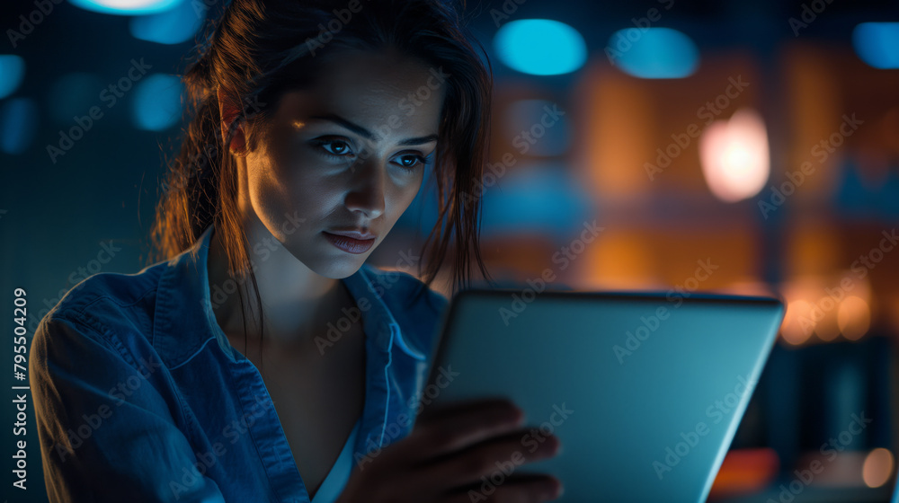 Focused woman using a digital tablet late at night in moody lighting Focused woman using a digital tablet late at night in moody lighting