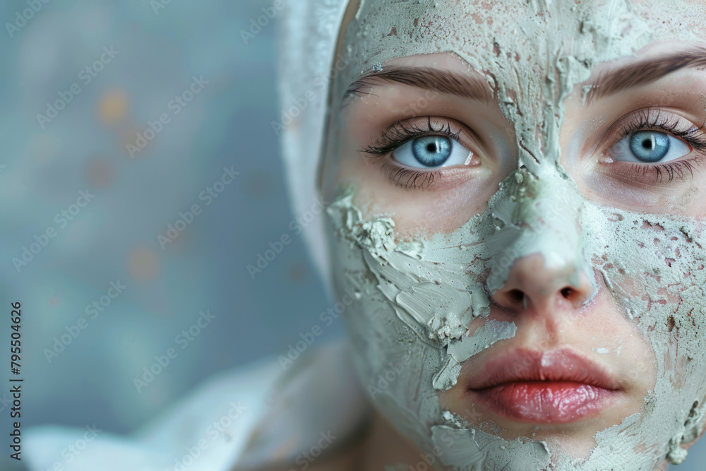 Beautiful woman with face covered by clay mask. Generative AI Beautiful woman with face covered by clay mask. Generative AI