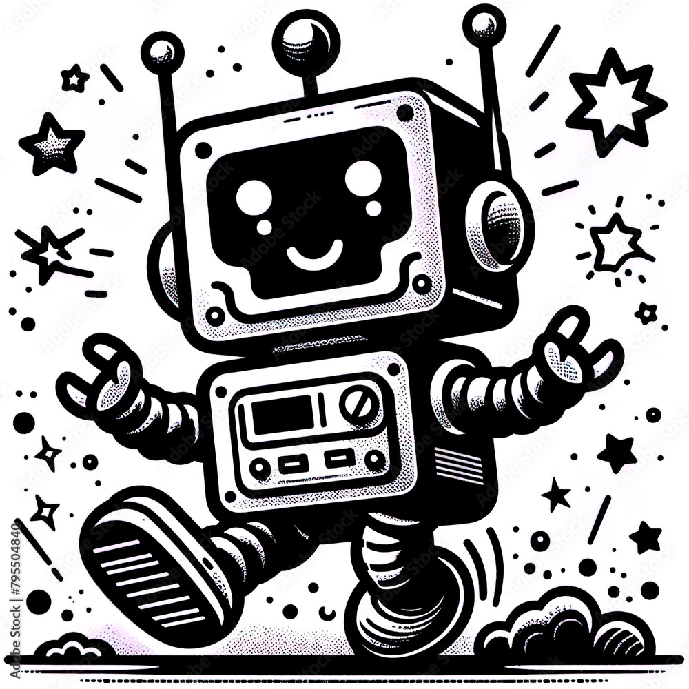 Fototapeta premium Ein schwarz weiß Vektor Bild eines kleinen süßen Roboters