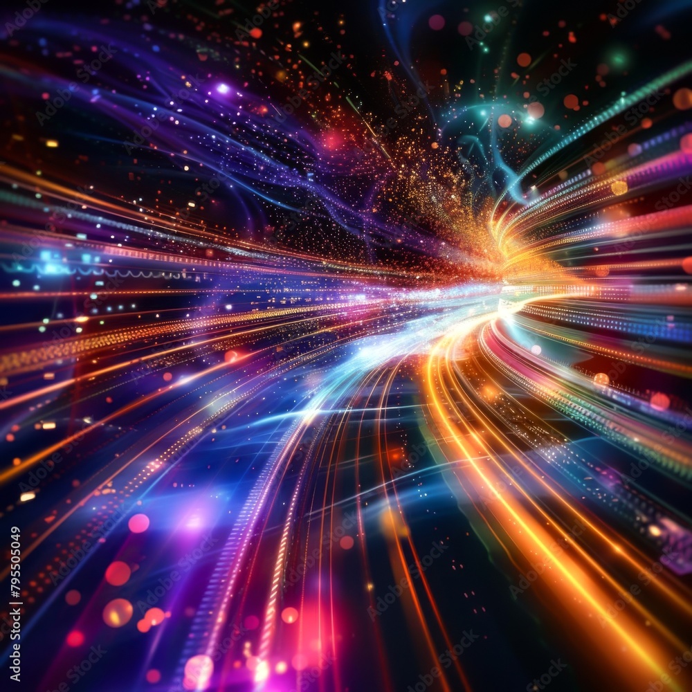 Abstract image of electromagnetic waves flowing through a modern, digital environment, showing vibrant light streaks and data flow