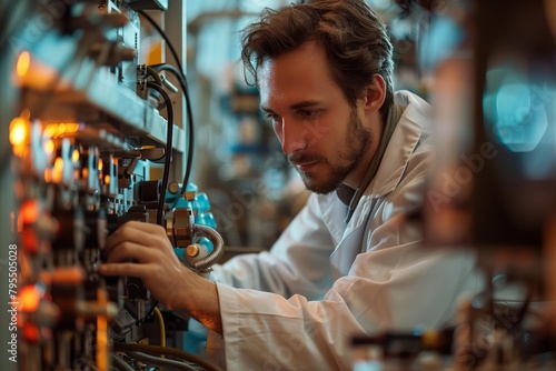 Photo of a scientist in a lab coat adjusting an antenna, capturing electromagnetic waves, detailed instruments and serious expression