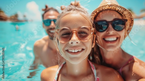 A family with a child in sunglasses smiling and enjoying a sunny day at the resort pool
