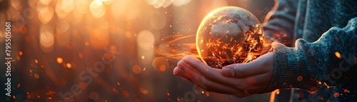 Conceptual stock photo of a person holding a globe with a visible magnetic field barrier against a backdrop of harsh solar light photo