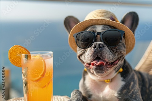 French Bulldog Enjoying a Sunny Day with Orange Juice and Sunglasses by the Sea. © tilialucida