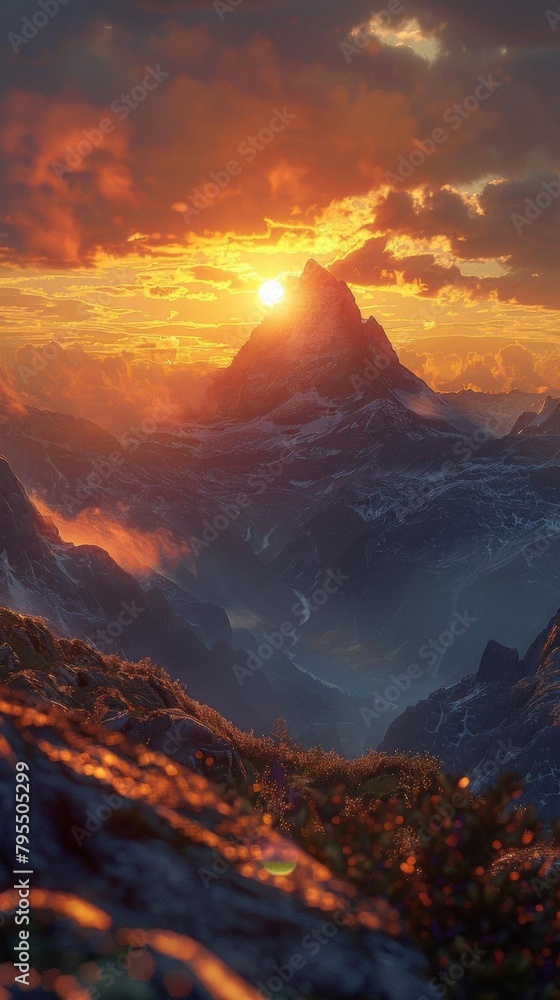 Fototapeta premium A beautiful sunset over a mountain range.