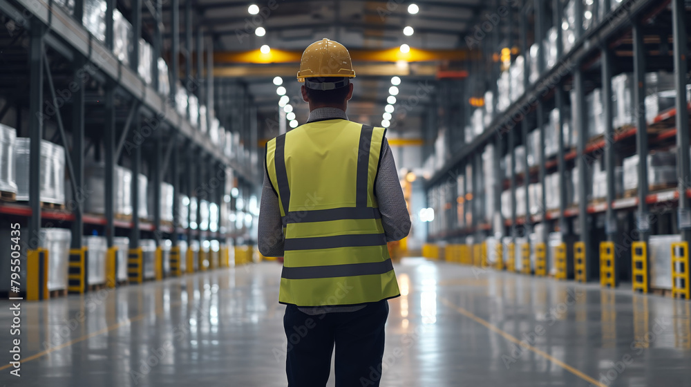 A warehouse worker in safety gear holds a tablet while overseeing the organized industrial storage area, highlighting logistics A warehouse worker in safety gear holds a tablet while overseeing the organized industrial storage area, highlighting logistics