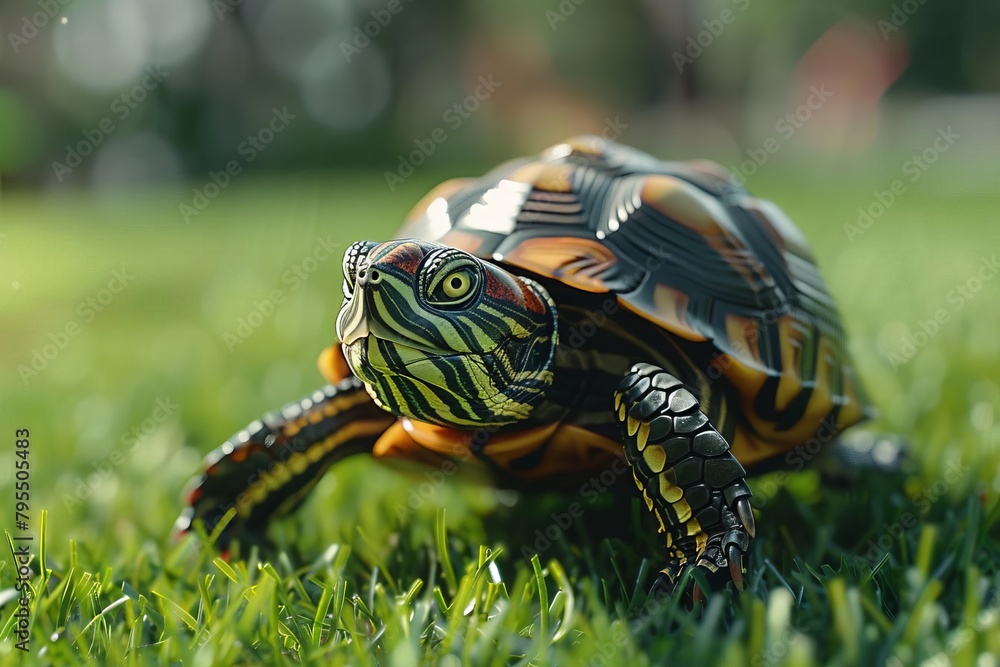 Fototapeta premium A closeup of a green turtle with a red head and yellow eyes walking on green grass.