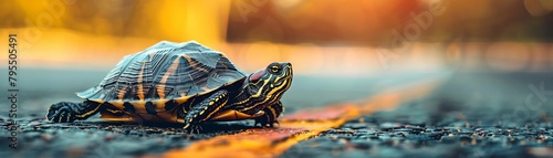 A closeup of a terrapin crossing a road photo