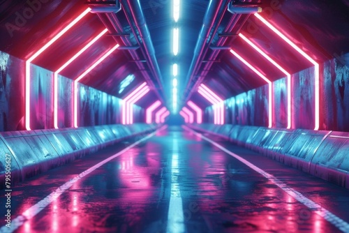 A dark tunnel with bright neon lights reflecting off the wet pavement.