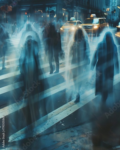 A long exposure photo of people crossing a busy street at night  with the headlights of cars creating streaks of light