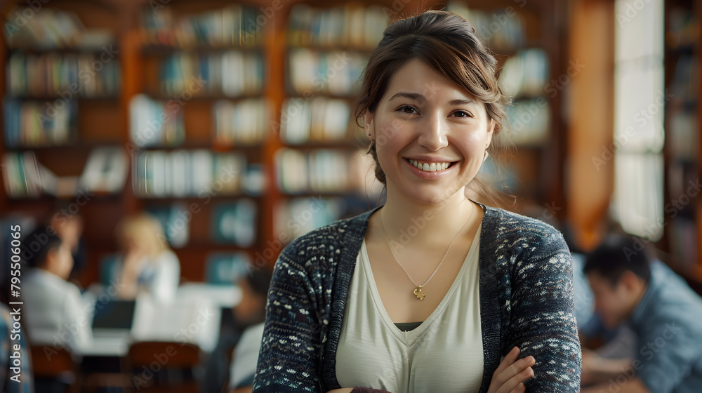 A smiling European female teacher standing in front of students, in a school classroom with bookshelves behind her. Teachers day. Back to school. Student day A smiling European female teacher standing in front of students, in a school classroom with bookshelves behind her. Teachers day. Back to school. Student day