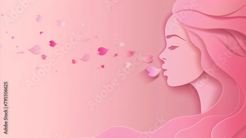  International Women s Day banner with paper cut woman face blowing kiss on pink background. 8 march vector illustration. Abstract girl portrait cutout  beauty spa salon header. Place for text.
