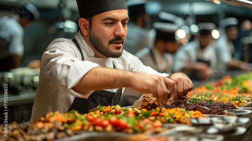 2. Feast Preparation: In a bustling kitchen, chefs meticulously prepare a lavish spread of traditional Eid al-Adha dishes, from succulent roast lamb to fragrant biryanis, their mov