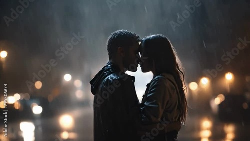  In the midst of the pouring rain, the couple shared an ardent kiss, their silhouettes illuminated by distant lightning strikes