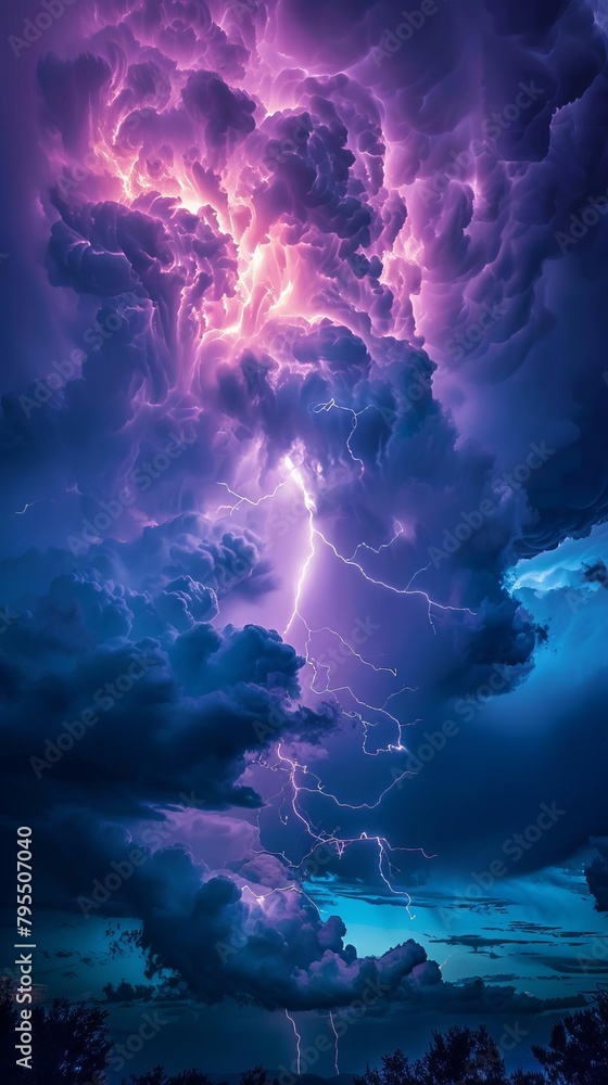 A purple and blue lightning storm over a dark forest.