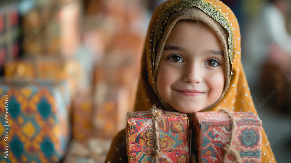 11. Eid Gifts Exchange: Smiling faces light up with delight as loved ones exchange beautifully wrapped gifts, their eyes alight with excitement and anticipation, as they eagerly un