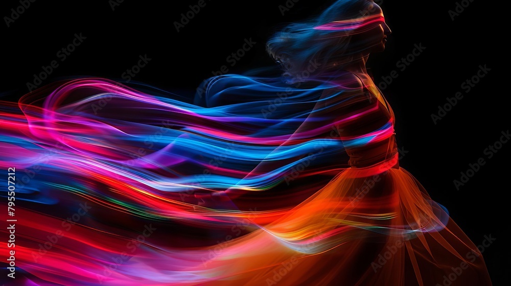 A woman dances with light trails flowing from her body.
