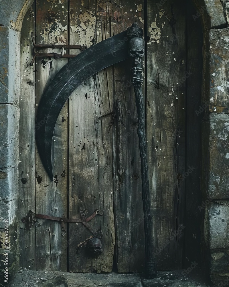 A wooden door with a skull-topped scythe leaning against it. A wooden door with a skull-topped scythe leaning against it.