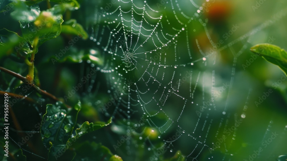 Ultrarealistic Spiderweb Covered in Morning Dew Top View