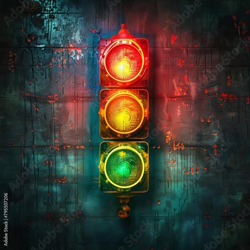 A traffic light with a red, yellow, and green light on a grunge background.