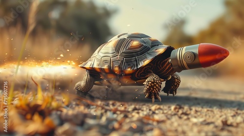 A turtle with a bullet for a shell is racing along a dirt road, leaving a trail of fire behind it.