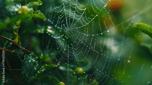 Ultrarealistic Spiderweb Covered in Morning Dew Top View