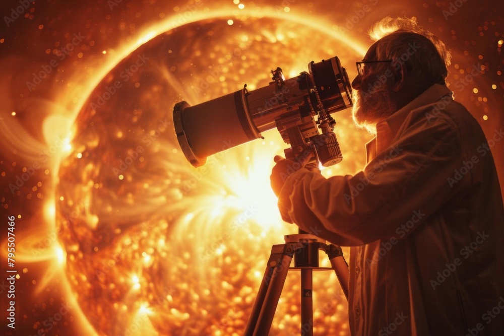 An old man looking through a telescope at the sun