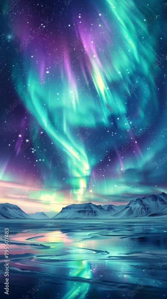 Aurora borealis over a frozen lake