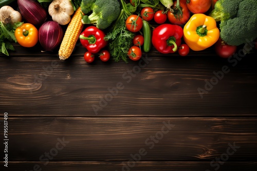 Fresh organic vegetables on a rustic wooden table, top view with copy space, farmtotable concept