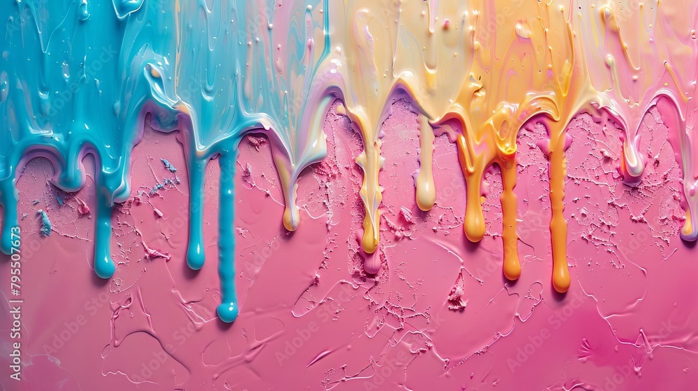 Colorful melted crayons dripping down a pink surface.