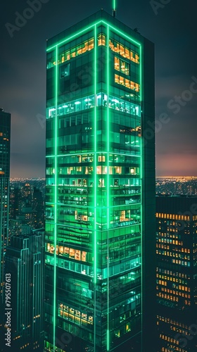 Cityscape of a futuristic city with green neon lights