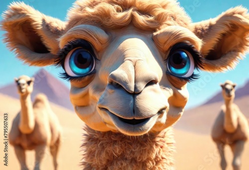 a cute adorable baby camel in desert beautiful view 3d cartoon animation