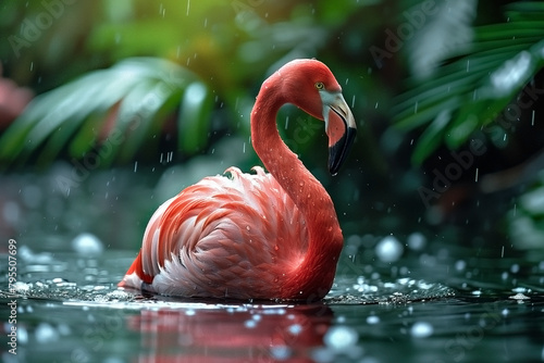 Flamingo on the water surface with blurry jungle backgrounds.
