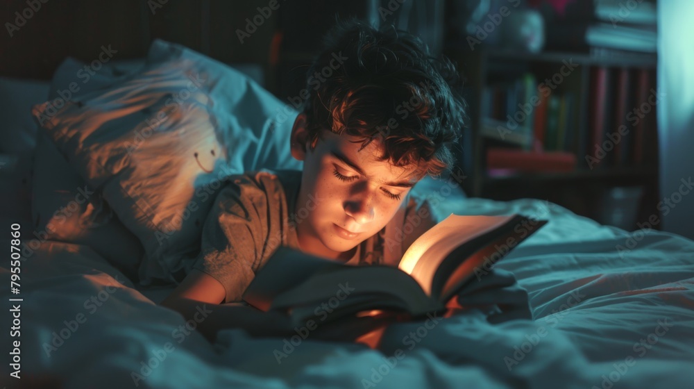 Boy engrossed in nighttime reading Boy engrossed in nighttime reading