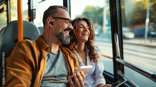 Casal rindo usando o celular no transporte publico