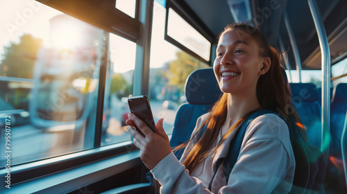 Mulher sorrindo usando o smartphone no transporte publico 