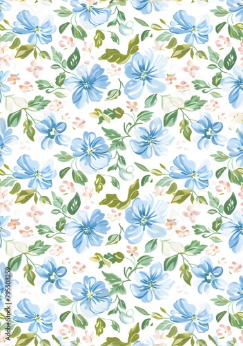 simple symmetrical pastel blue and green pattern with flowers