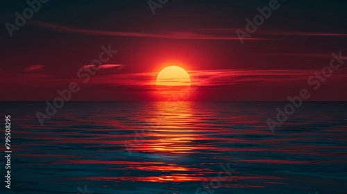 The setting sun casts a red glow on the ocean.