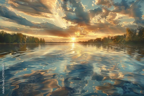 Artistic representation of sunrise over a calm lake, fastmoving clouds reflected in the water, creating a sense of speed and motion