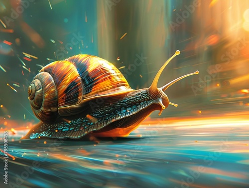 Cartoon inspired visual of a snail competing in a race against faster insects, exaggerated motion lines showing surprising speed