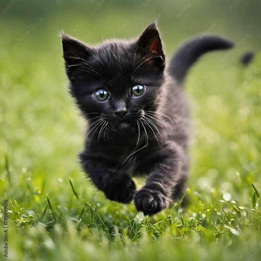  A black kitten is running on the green grass